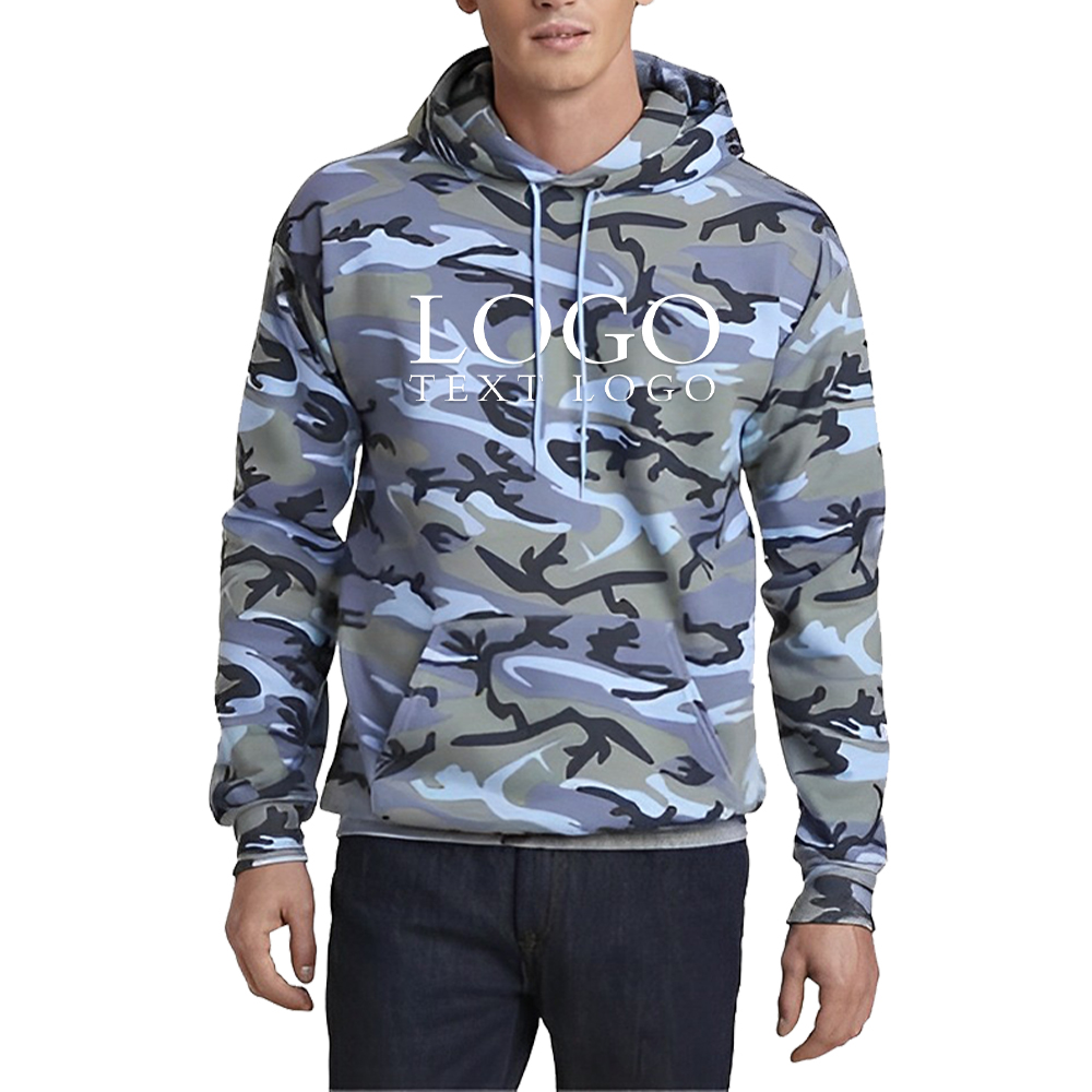 Port Company Core Fleece Camo Pullover Hooded Sweatshirt Woodland Blue Camo With Logo