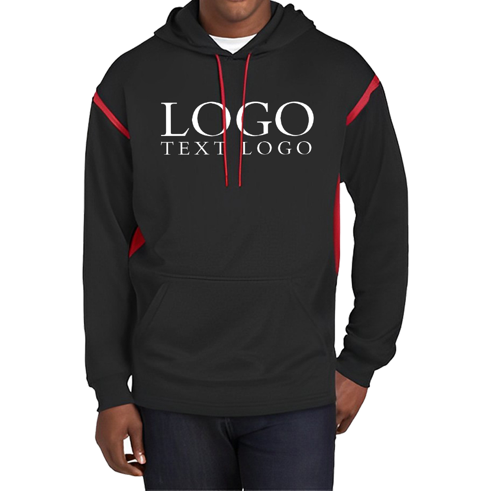 Sport-Tek Tech Fleece Colorblock Hooded Sweatshirt Black-True Red With Logo