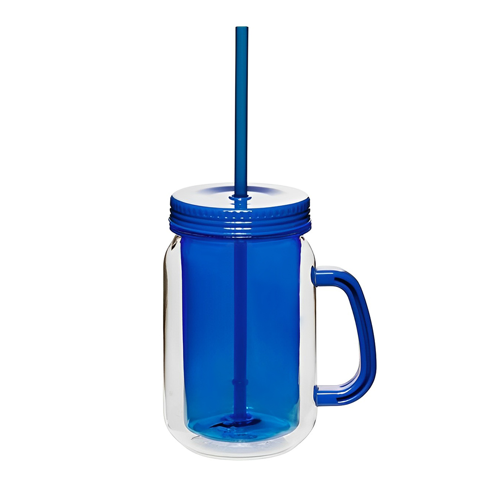 Blue 17 oz Double Wall Mason Jars With Handle