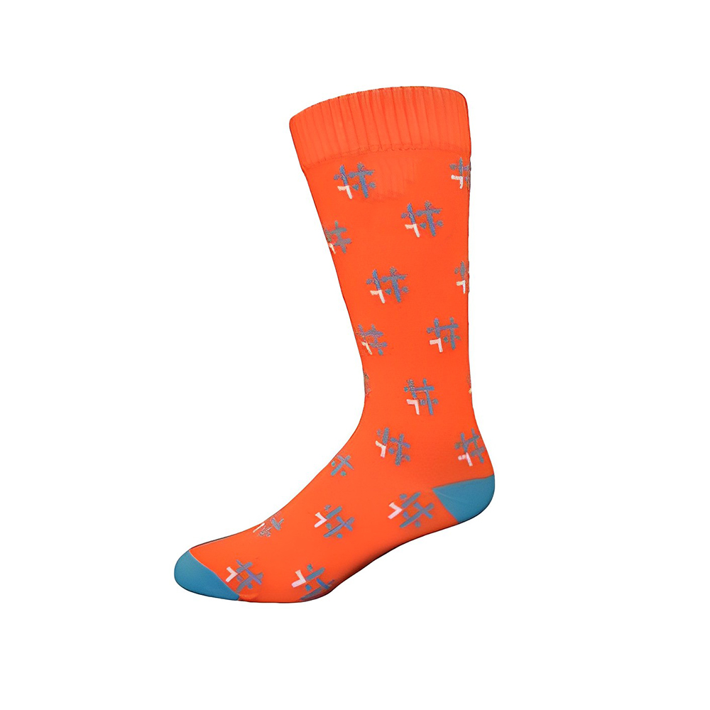 Flat Knit Cotton Crew Dress Socks with All Over Design Orange
