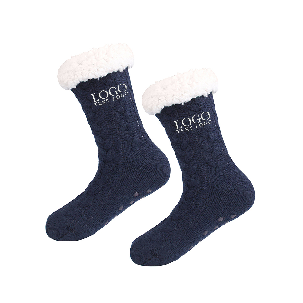 Navy Blue Personalized Fuzzy Slipper Socks With Logo