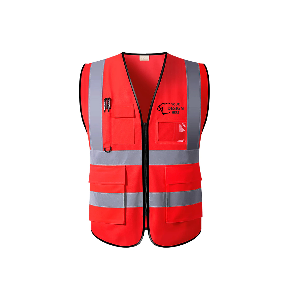High Visibility Reflective Safety Vest - Multi Pocket Red With Logo