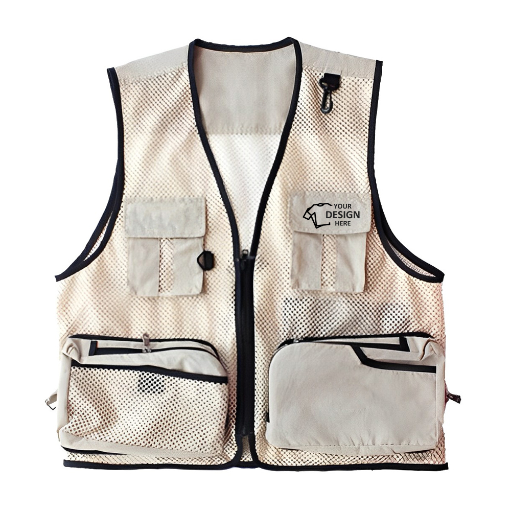 Outdoor Mesh Photography Fishing Vest W Pockets Beige Front With Logo