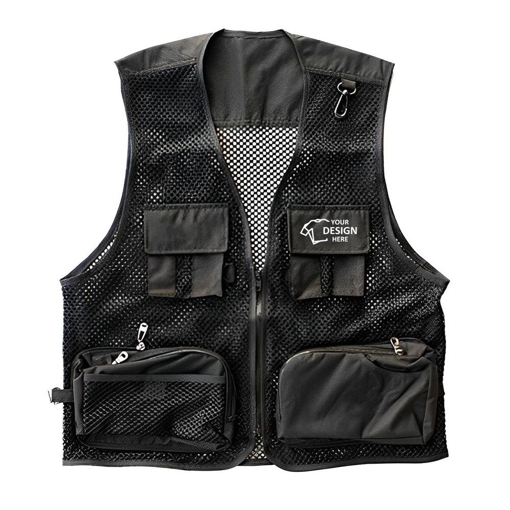 Outdoor Mesh Photography Fishing Vest W Pockets Black Front With Logo