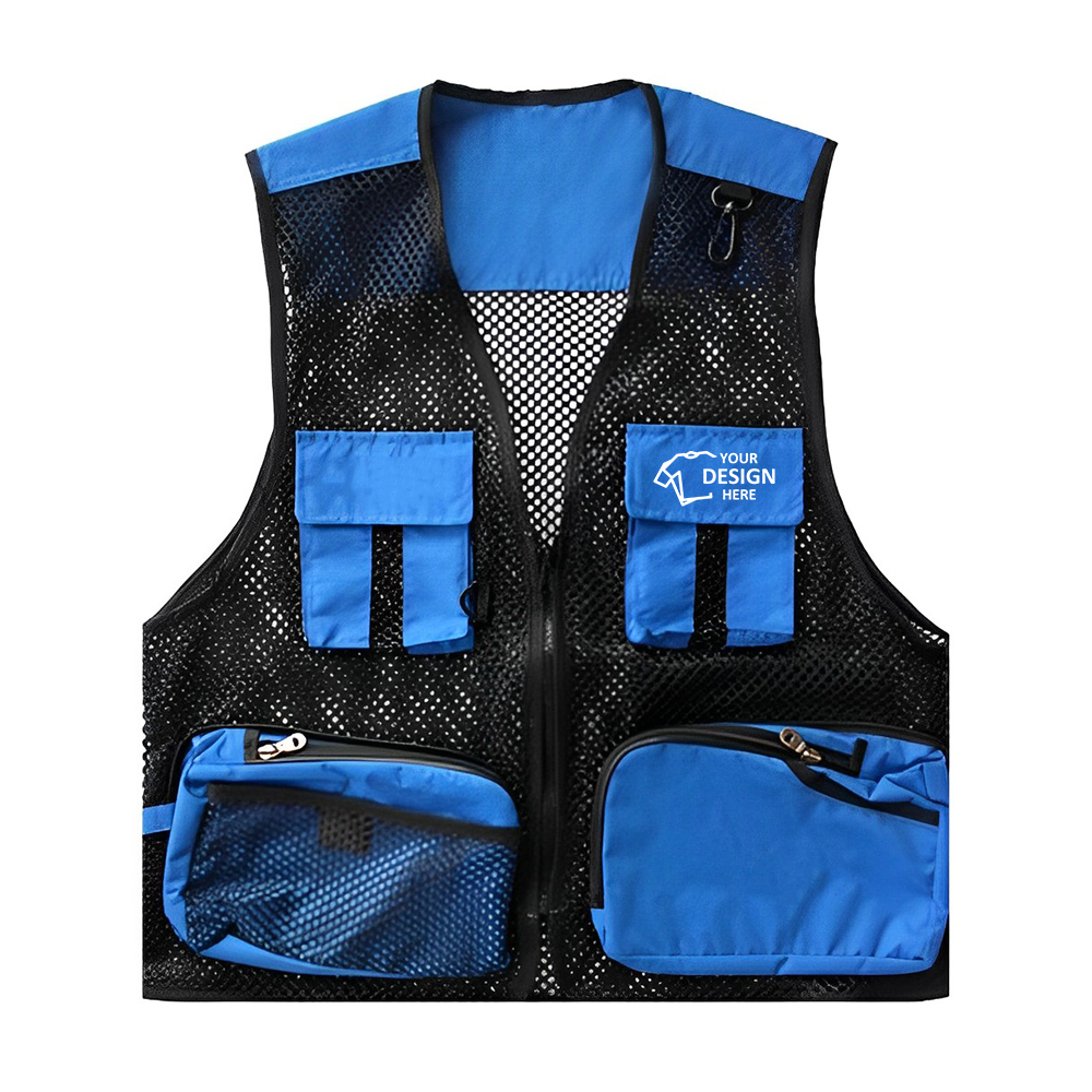 Outdoor Mesh Photography Fishing Vest W Pockets Blue Front With Logo