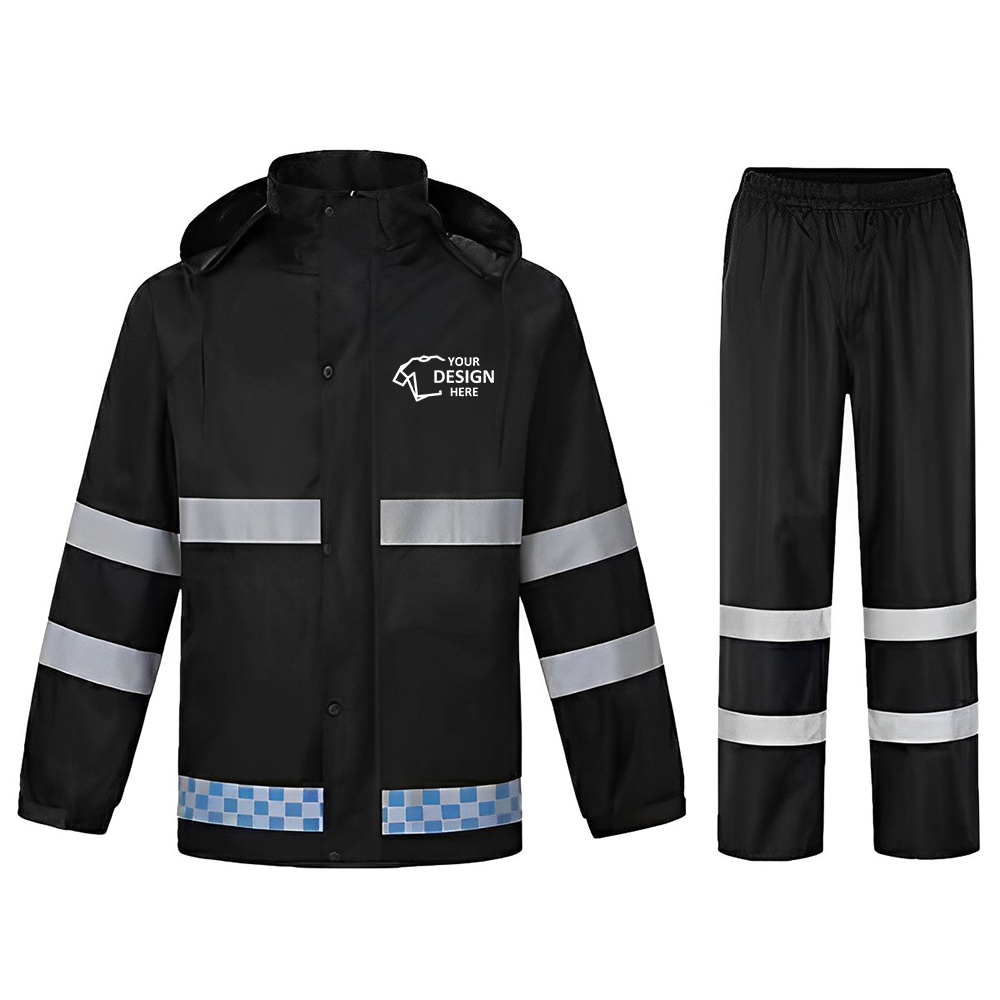 Reflective Raincoat Safety Rainsuit Set High Visibility Black With Logo