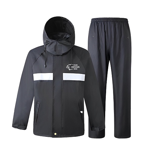 Customized Lightweight Reflective Black Hooded Rain Suit
