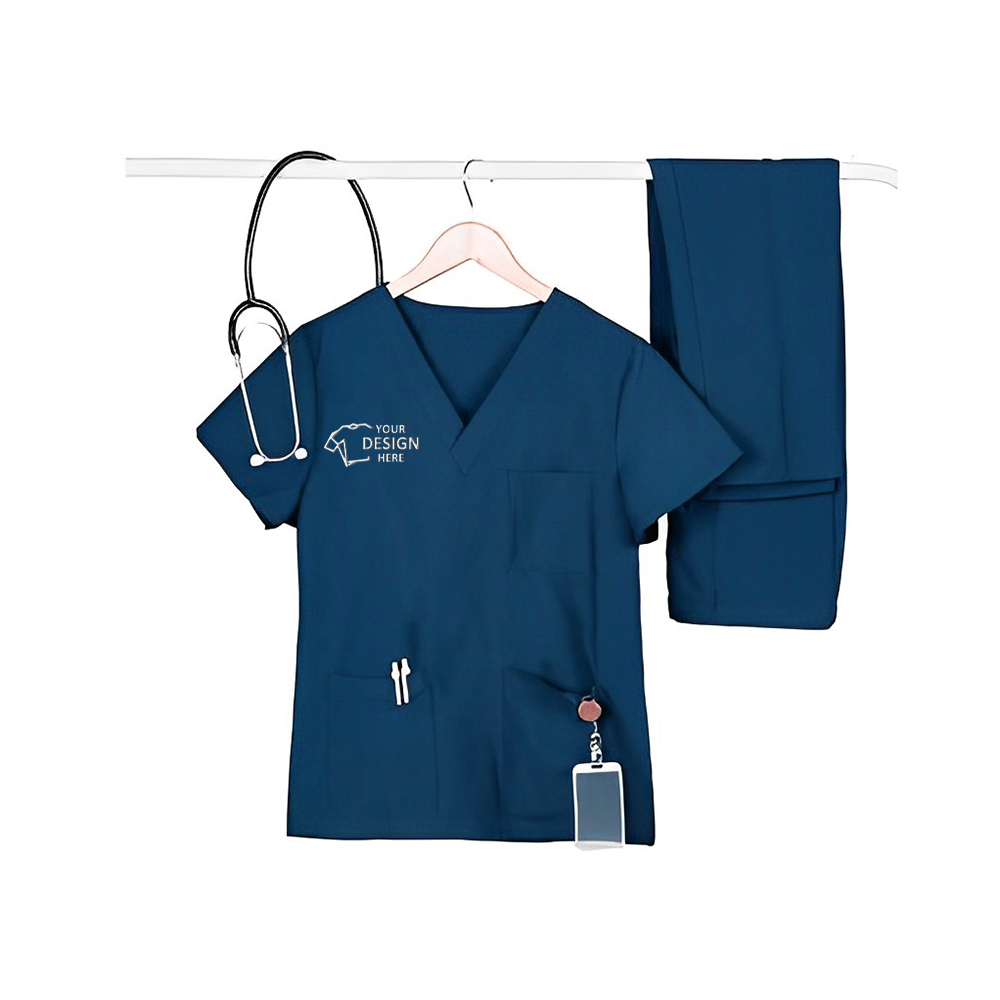 Unisex V-Neck Scrubs Medical Uniform Blue Logo