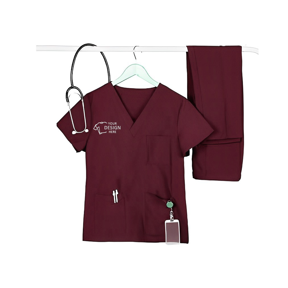Unisex V-Neck Scrubs Medical Uniform Red Logo
