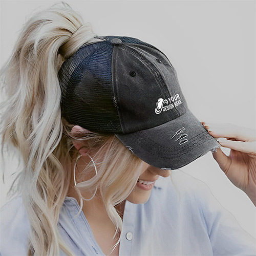 Custom Women Baseball Cap Vintage Cotton Mesh Ponytail Hat Ponycap