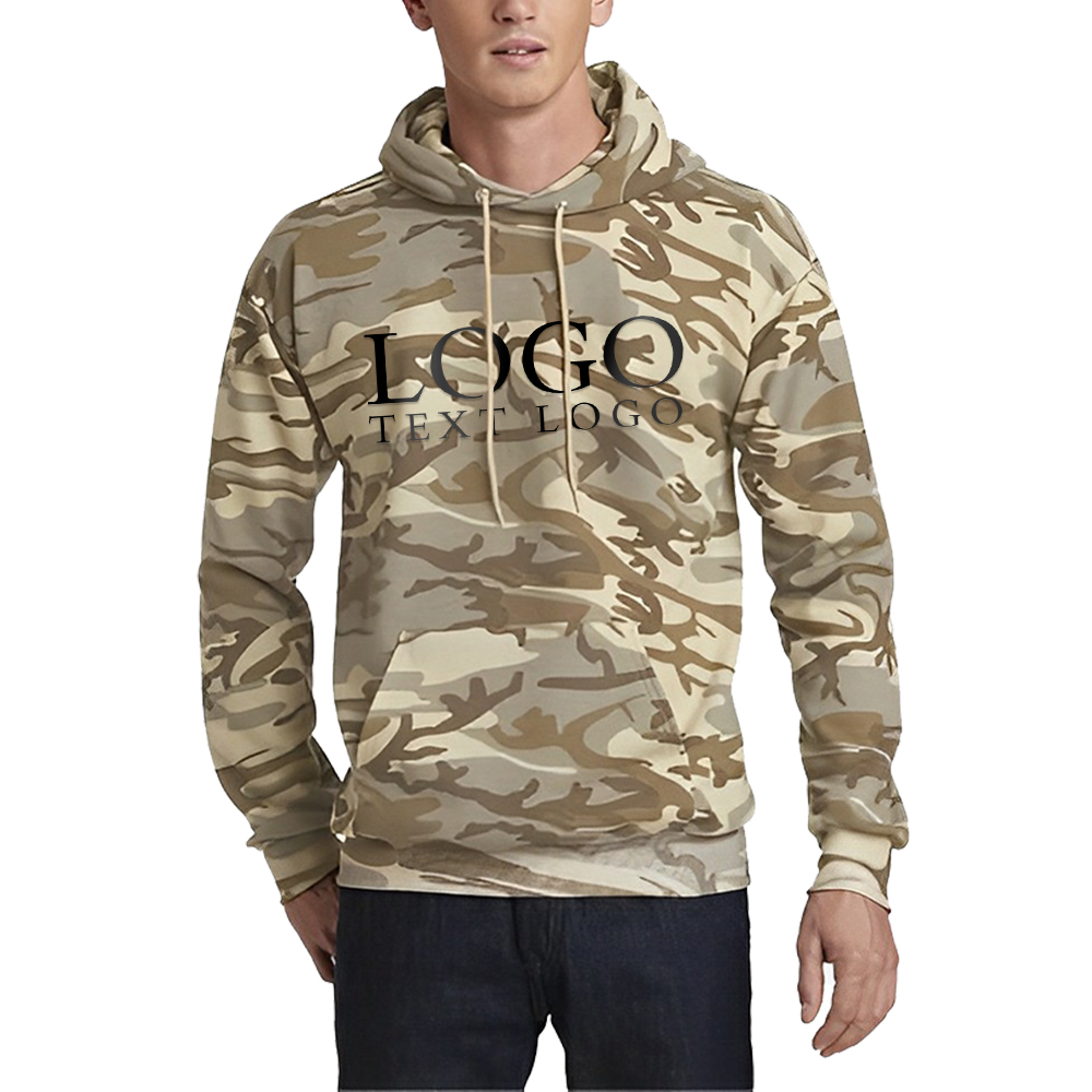 Port Company Core Fleece Camo Pullover Hooded Sweatshirt Desert Camo With Logo