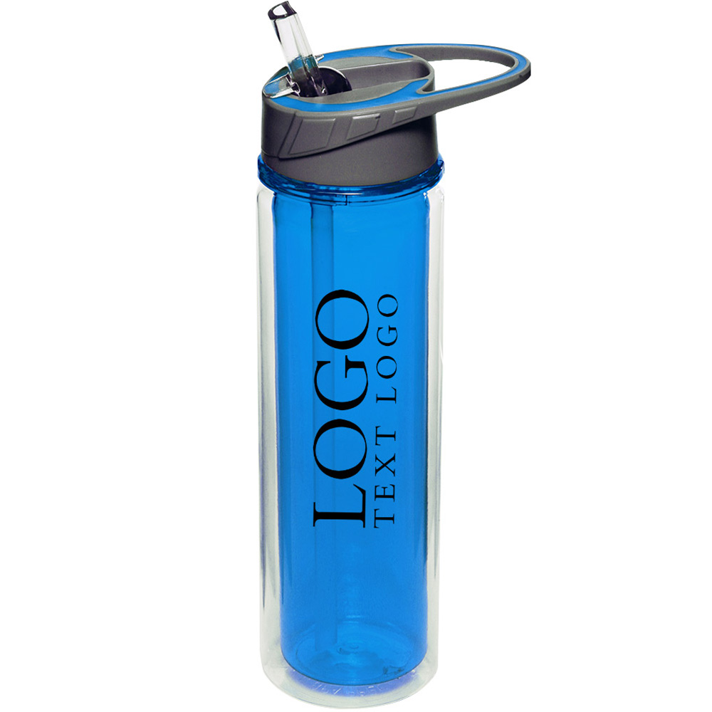 19 oz Double Wall Plastic Sports Water Bottles With Straw Blue With Logo