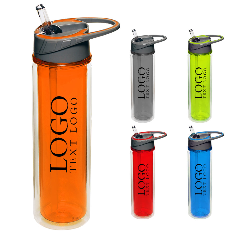 19 oz Double Wall Plastic Sports Water Bottles With Straw Group With Logo