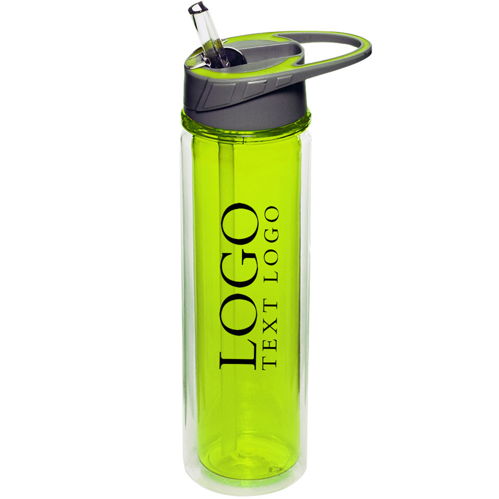 19 oz Double Wall Plastic Sports Water Bottles With Straw Lime-Green with Logo