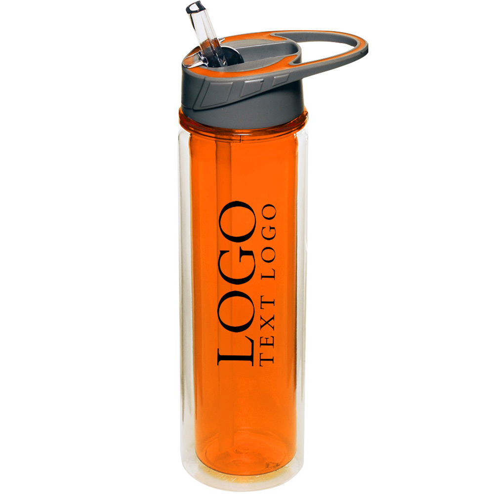 19 oz Double Wall Plastic Sports Water Bottles With Straw Orange With Logo