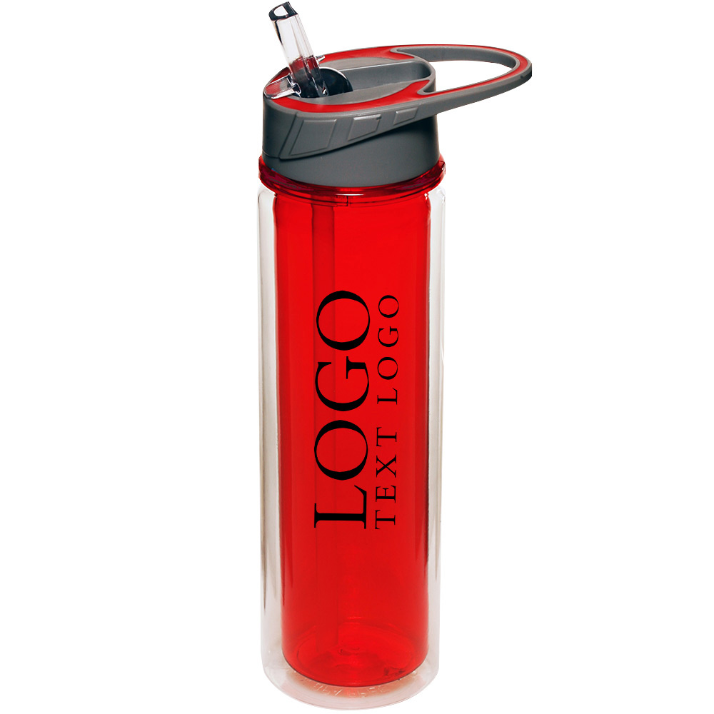 19 oz Double Wall Plastic Sports Water Bottles With Straw Red With Logo