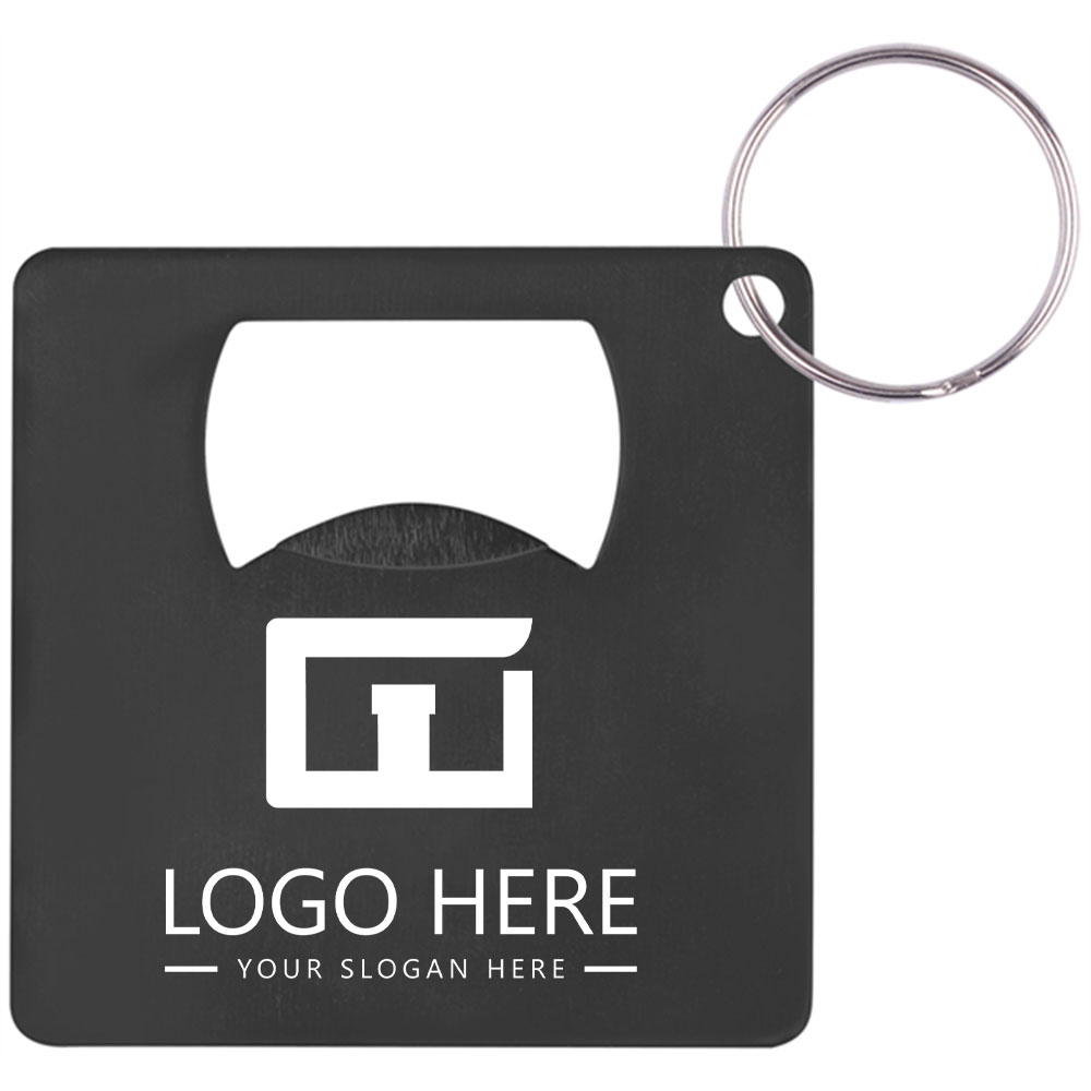 Square Shape Aluminum Bottle Opener And Key Ring Black With Logo