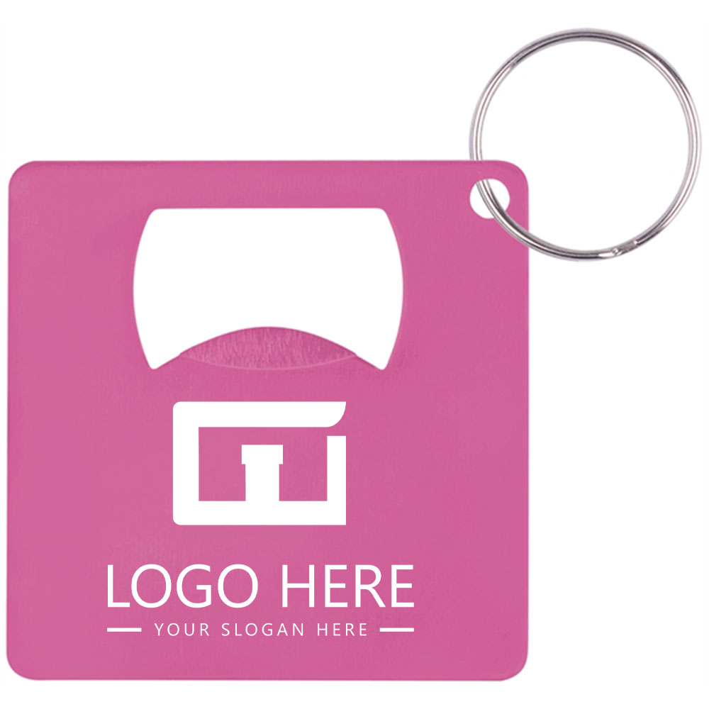Square Shape Aluminum Bottle Opener And Key Ring Pink With Logo