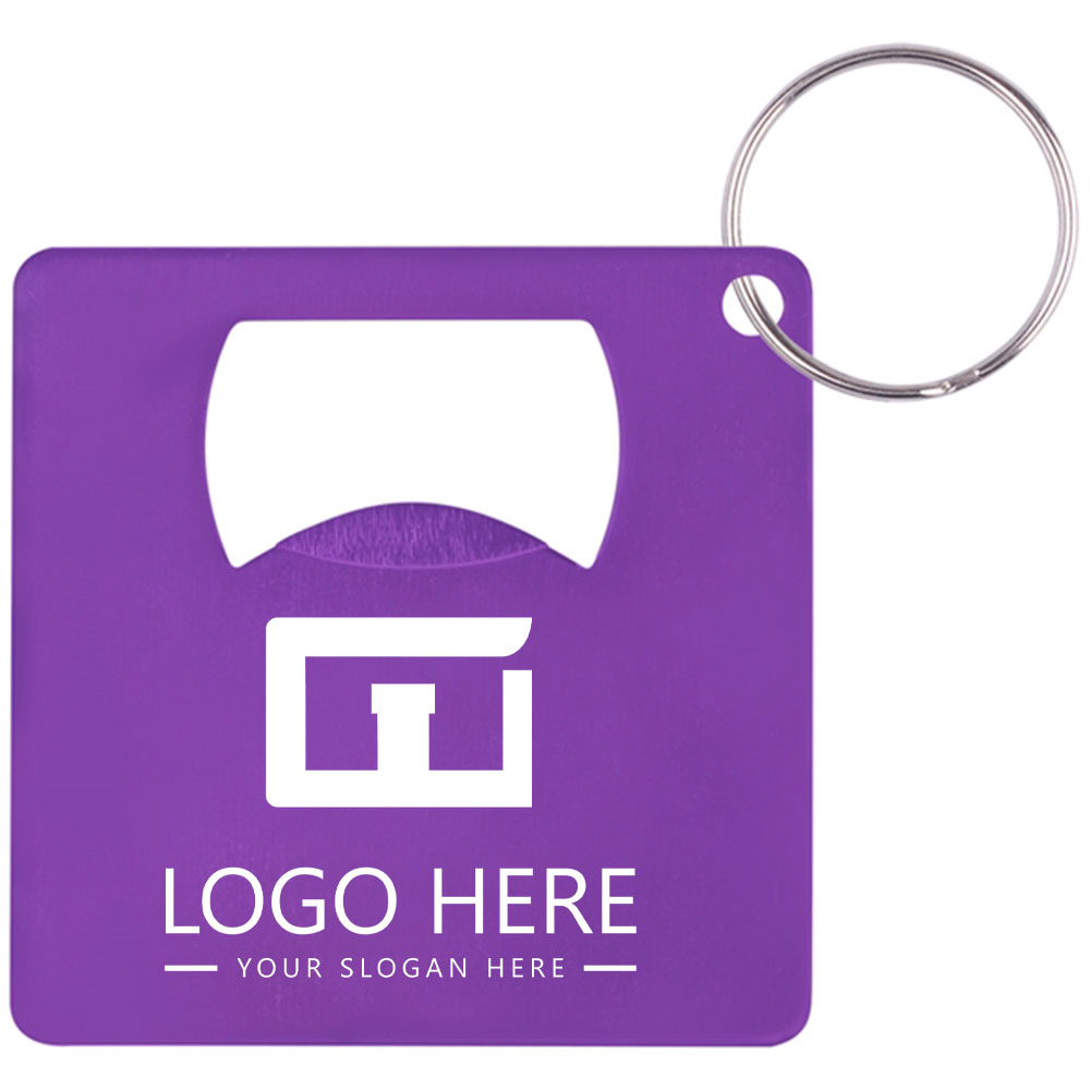 Square Shape Aluminum Bottle Opener And Key Ring Purple With Logo