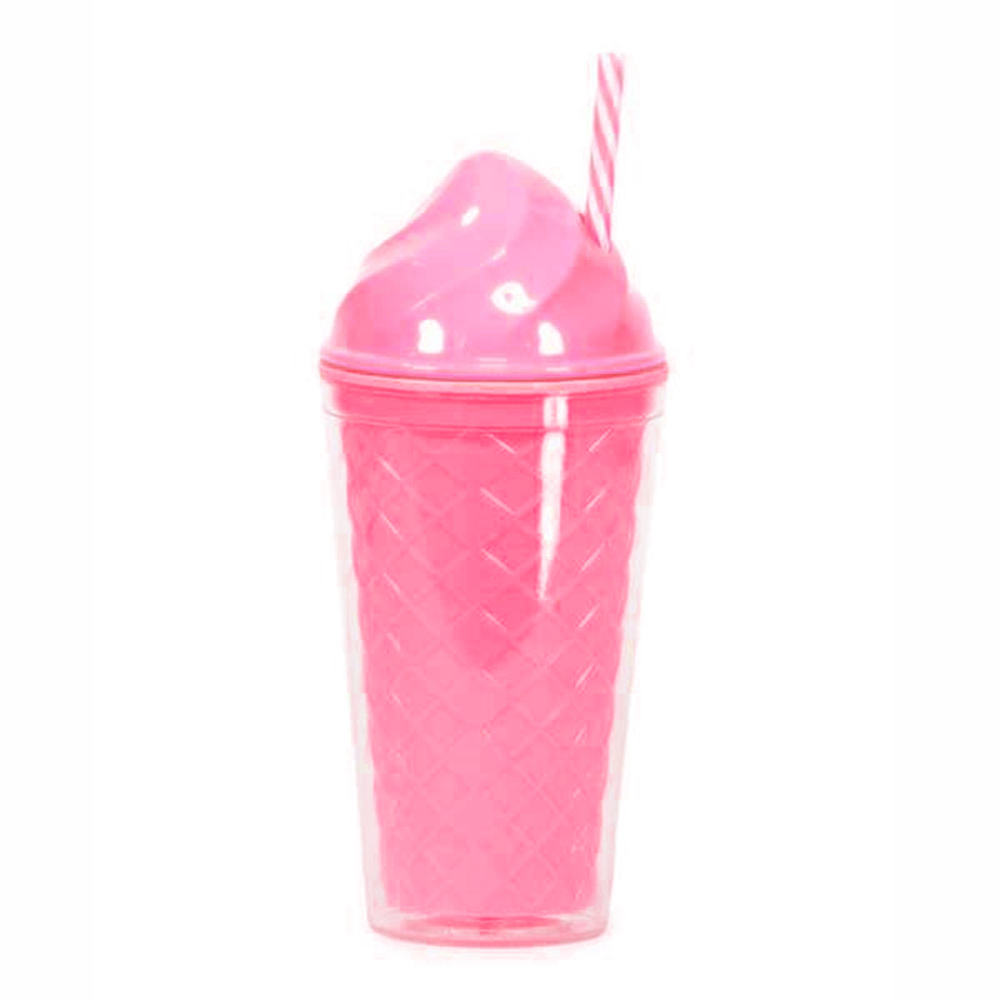 15 Oz Ice Cream Plastic Cup with Straw Fushia