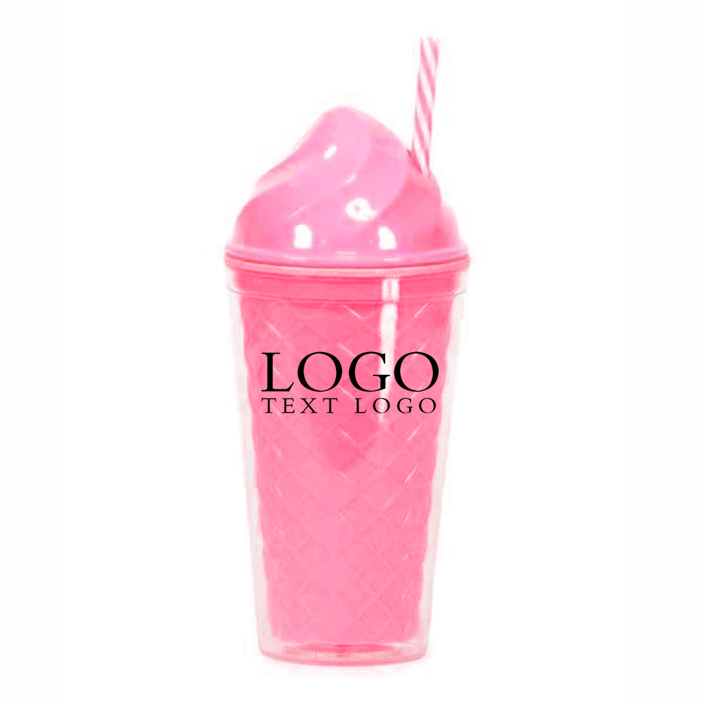 15 Oz Ice Cream Plastic Cup with Straw Fushia with Logo