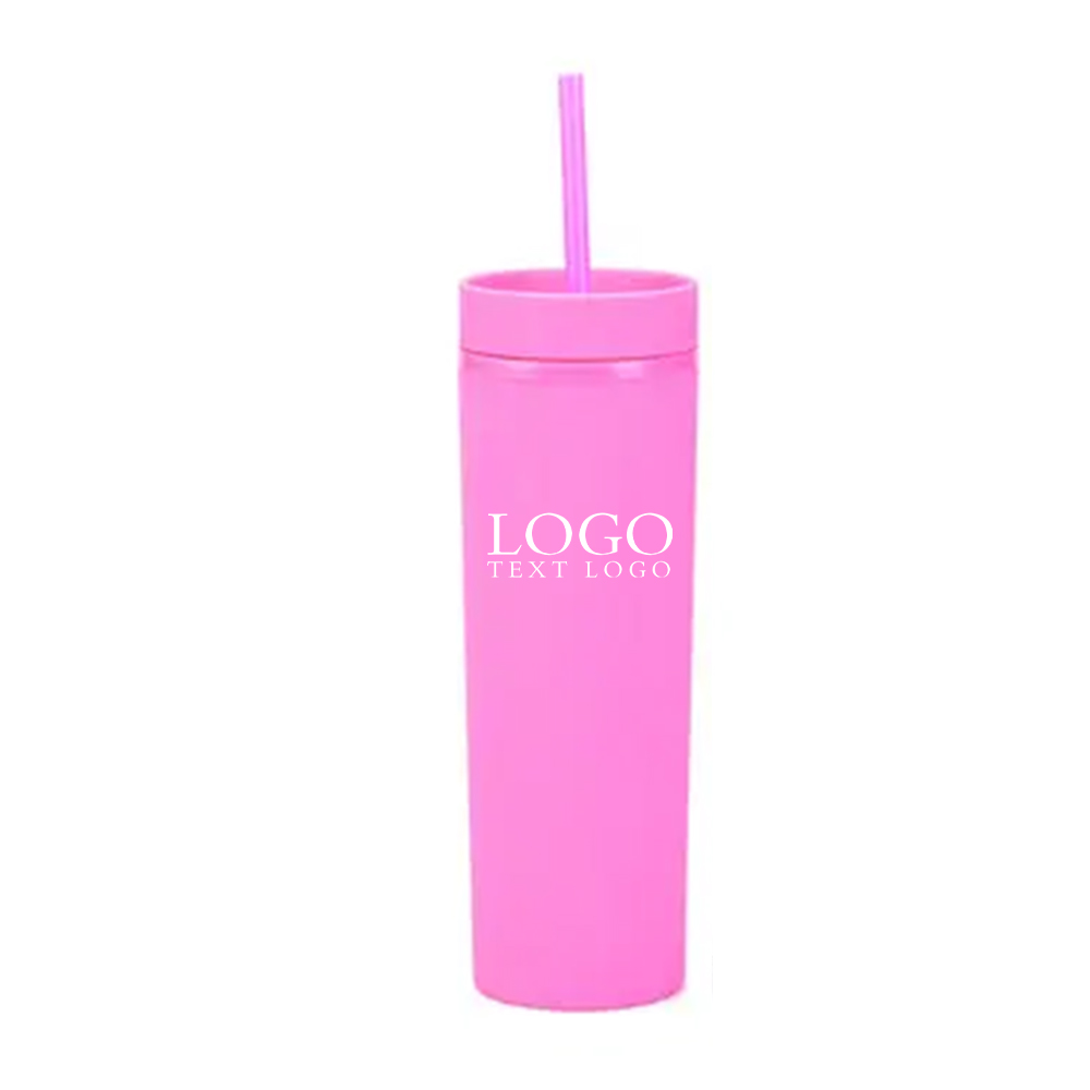 16 Oz Plastic Frosted Cup With Straw Hot Pink with Logo