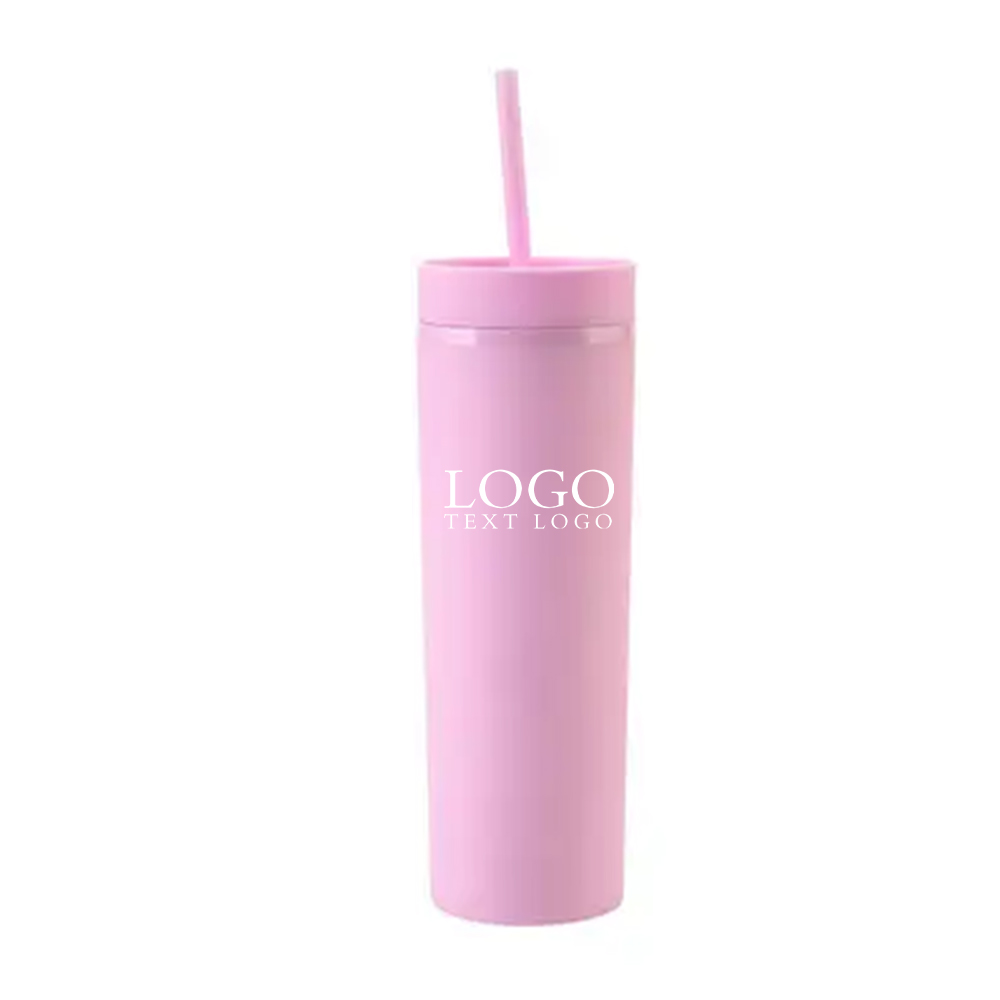 16 Oz Plastic Frosted Cup With Straw Pink with Logo