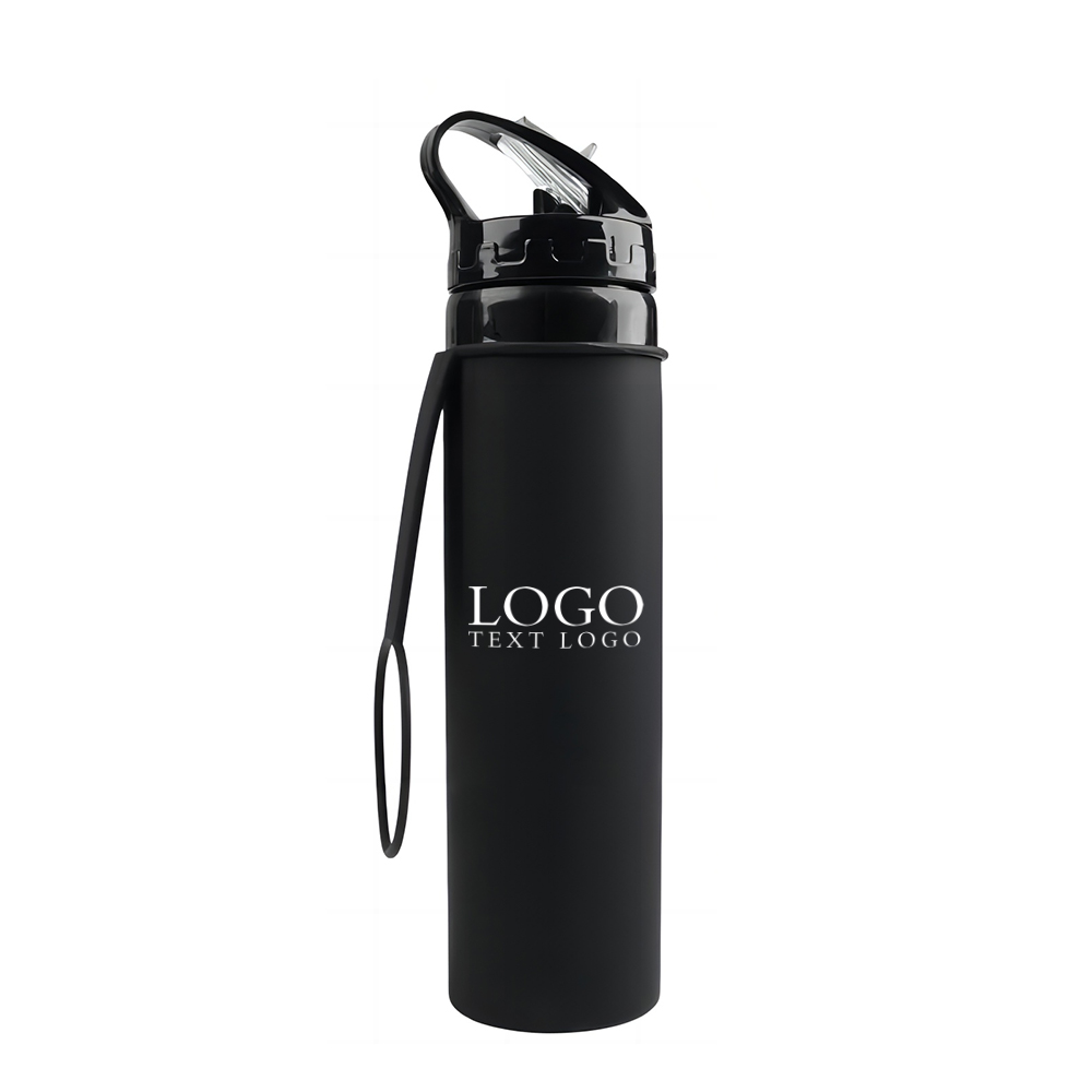 20 Oz Silicone Foldable Water Bottle Black with Logo