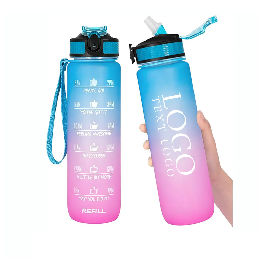 32 Oz Sports Bottle with Time Marker Blue Pink with Logo