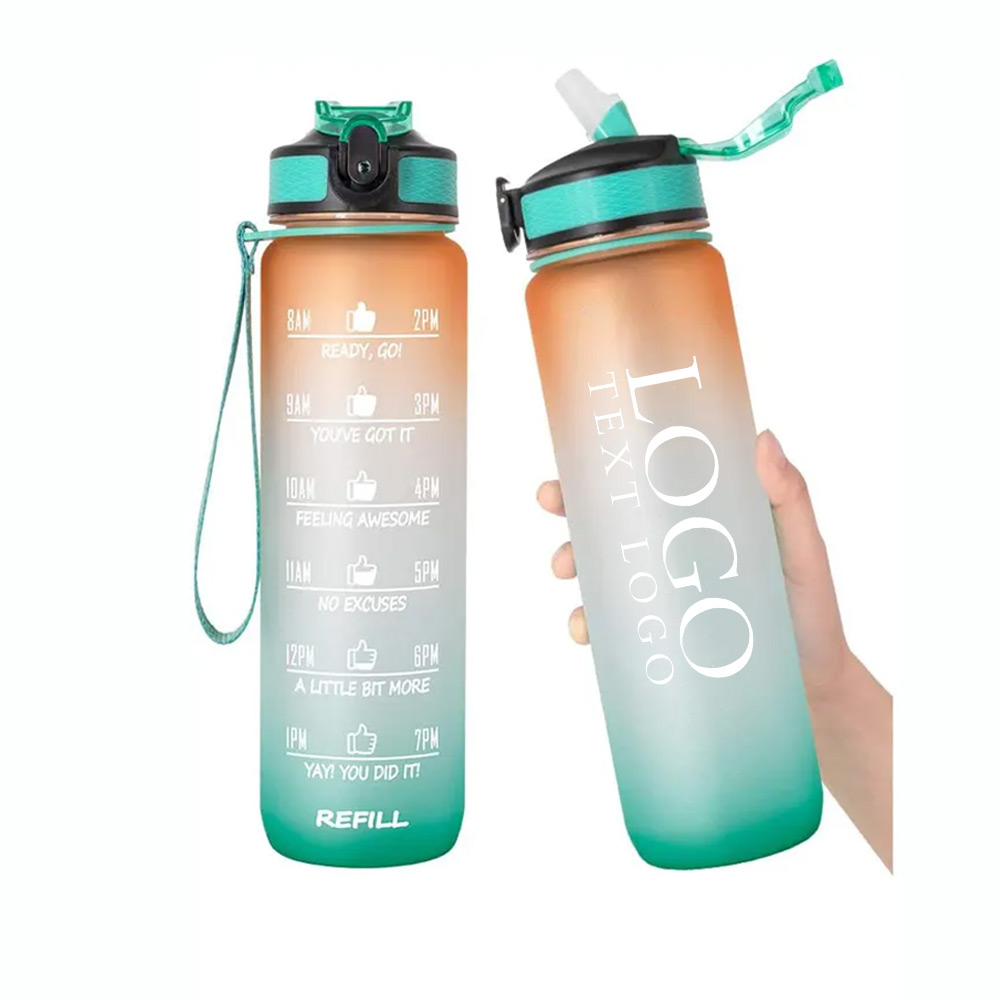 32 Oz Sports Bottle with Time Marker Orange Green with Logo
