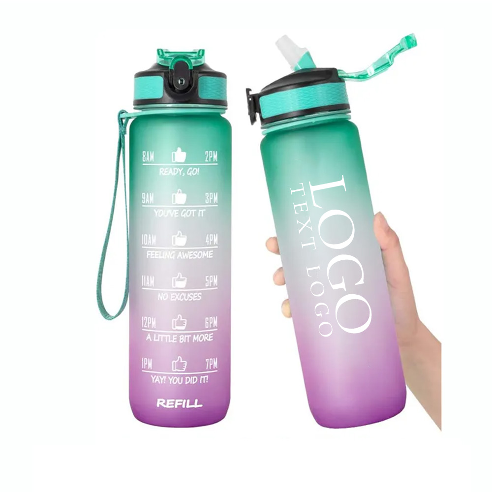 32 Oz Sports Bottle with Time Marker Purple Green with Logo