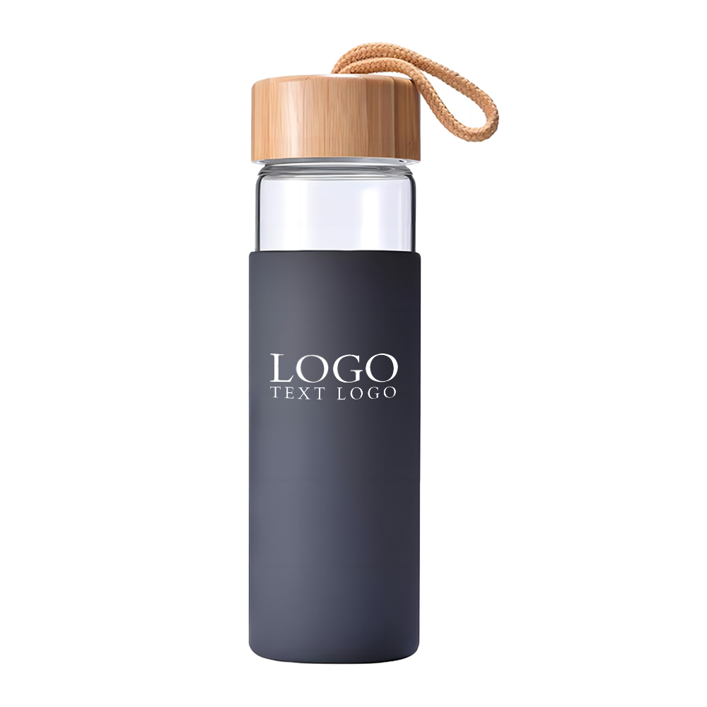 Glass Water Bottle With Bamboo Lid Black with Logo
