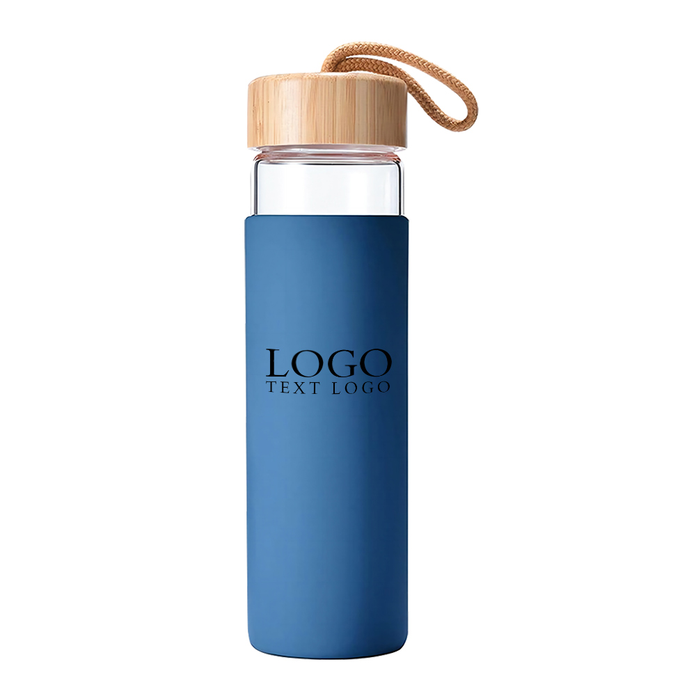 Glass Water Bottle With Bamboo Lid Blue with Logo