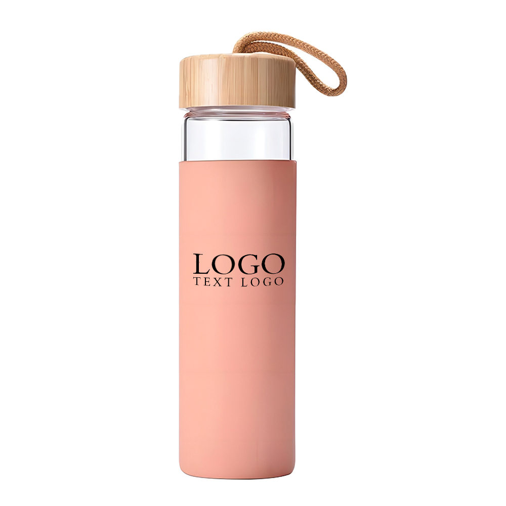 Glass Water Bottle With Bamboo Lid Coral with Logo