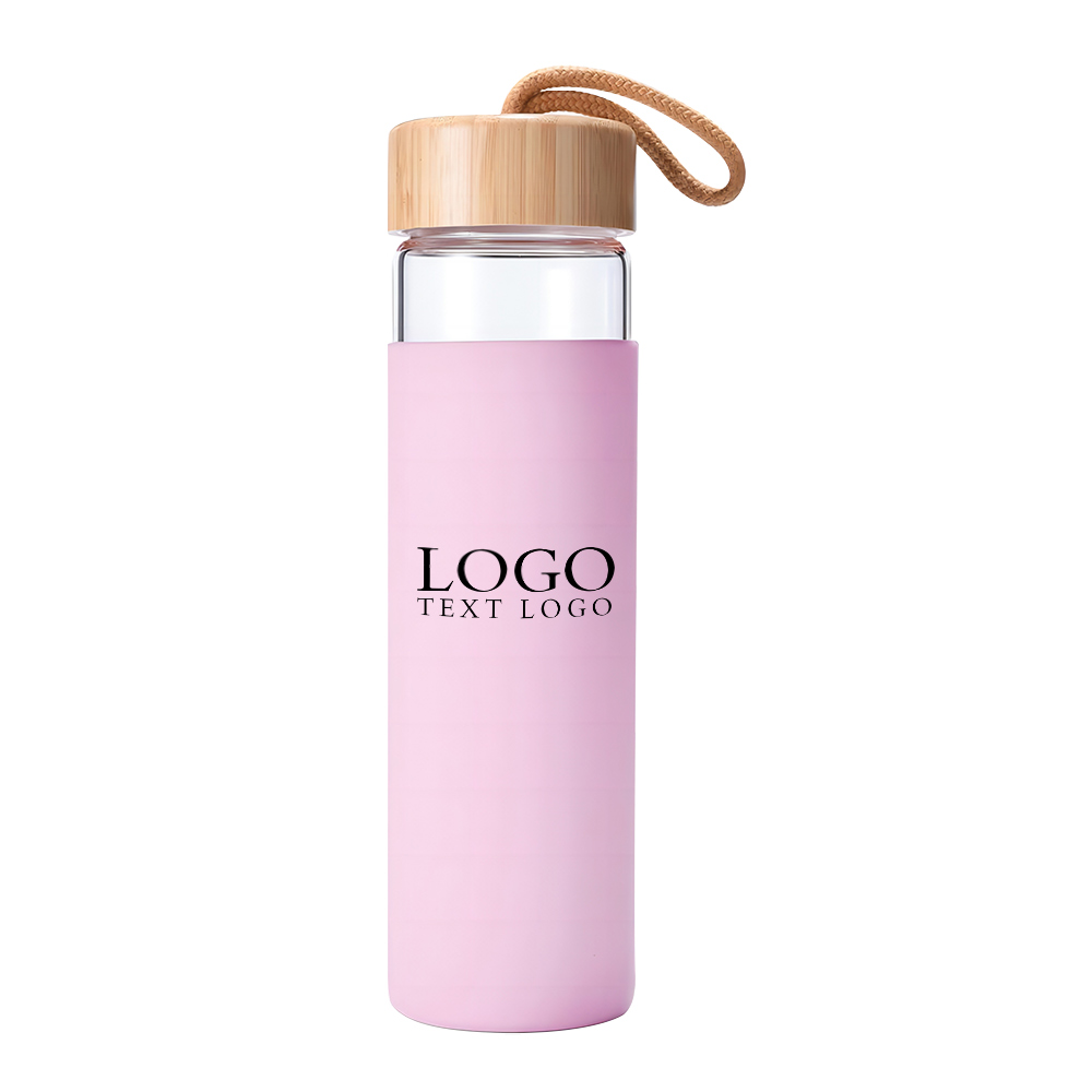 Glass Water Bottle With Bamboo Lid Pink with Logo