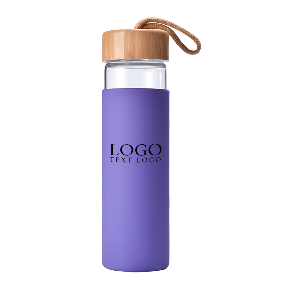 Glass Water Bottle With Bamboo Lid Purple with Logo