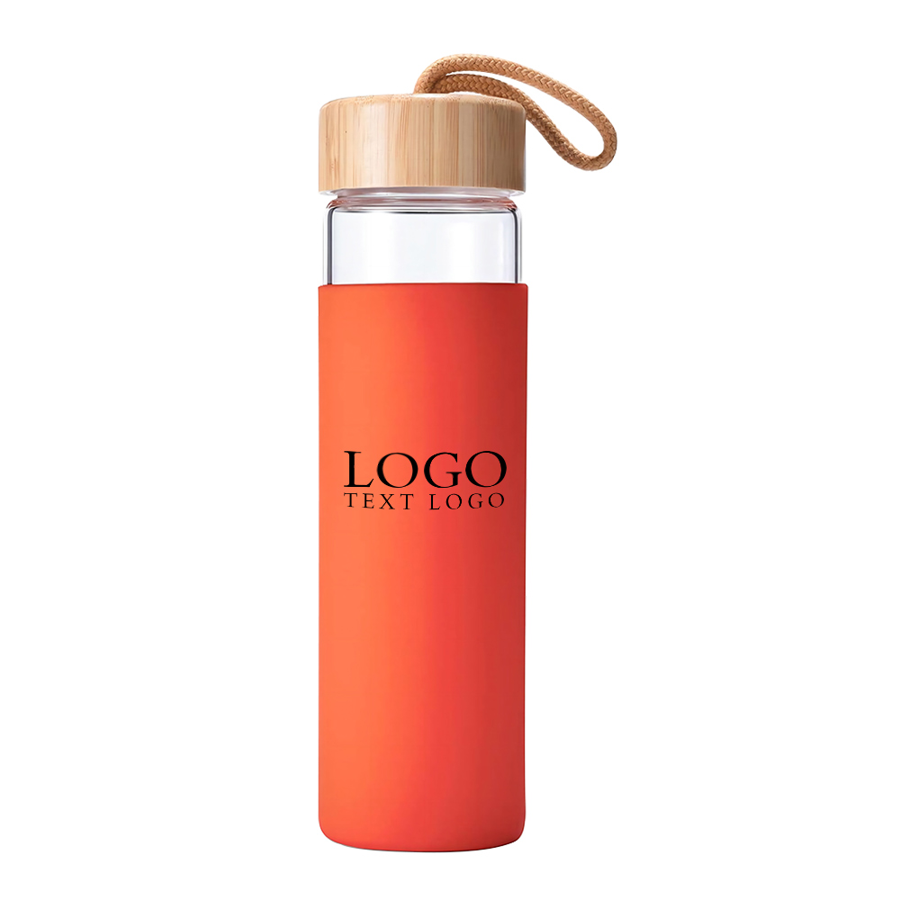 Glass Water Bottle With Bamboo Lid Red with Logo