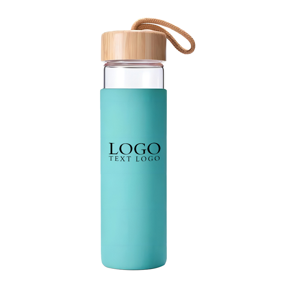 Glass Water Bottle With Bamboo Lid Teal with Logo