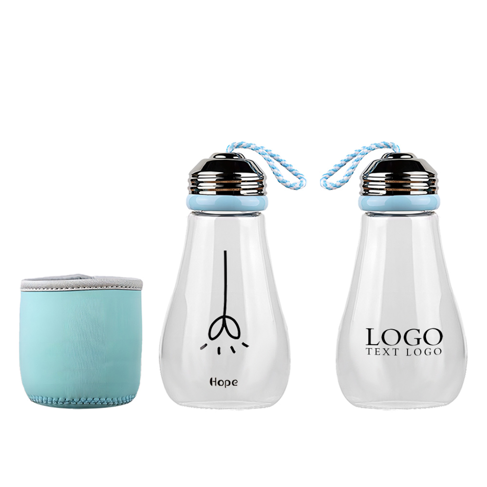 Light Bulb Glass Water Bottle Blue with Logo