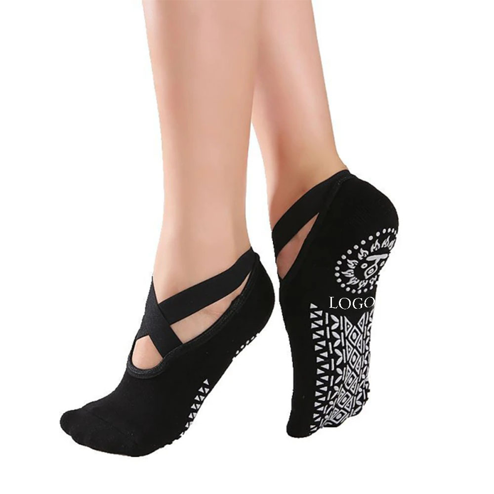 Black Promo Cotton Yoga Pilates Socks Non-Slip with Strap With Logo