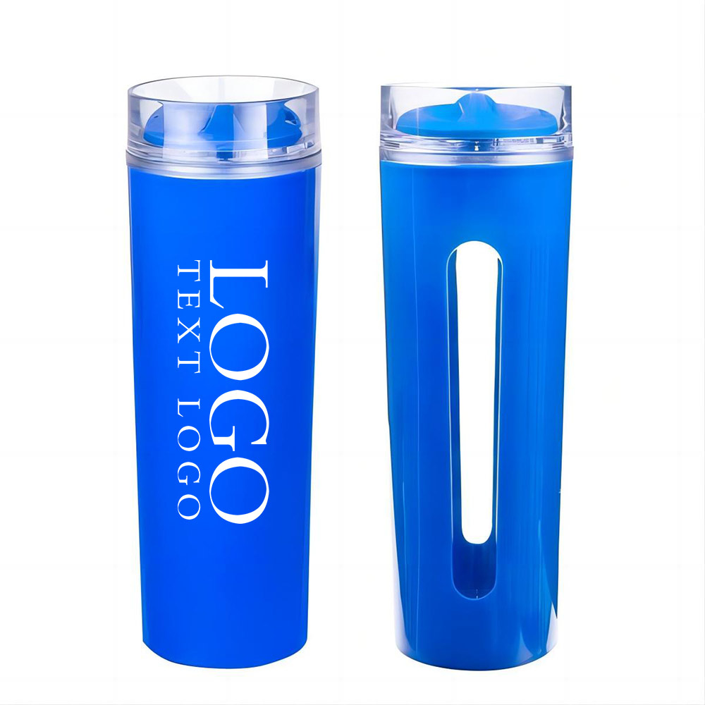 Custom 14oz Double Spill-Proof Plastic Mug With Screw-On Lid Blue With Logo