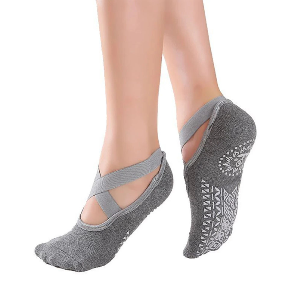 Gray Promo Cotton Yoga Pilates Socks Non-Slip with Strap