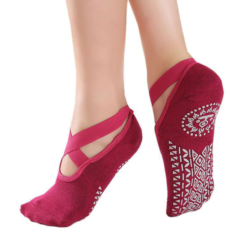 Red Promo Cotton Yoga Pilates Socks Non-Slip with Strap