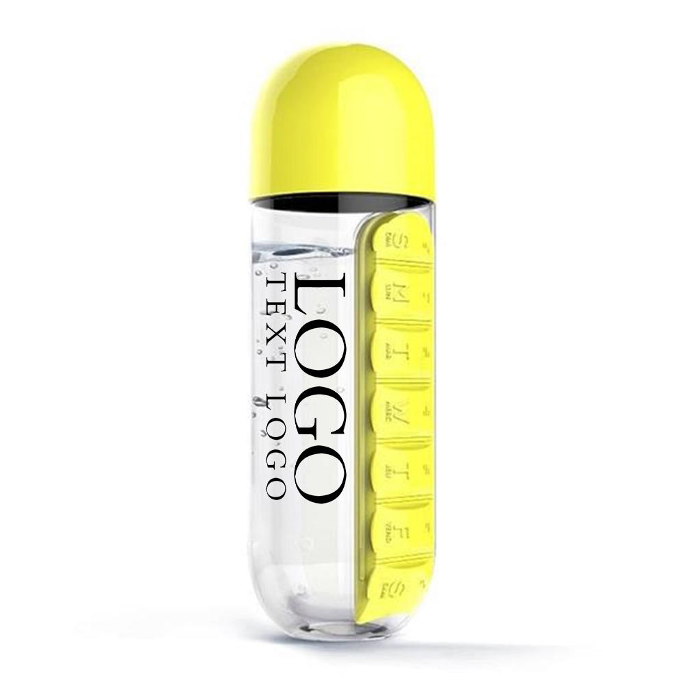 Custom 20 OZ Water Bottle With 7 Compartments Pill Box Yellow With Logo