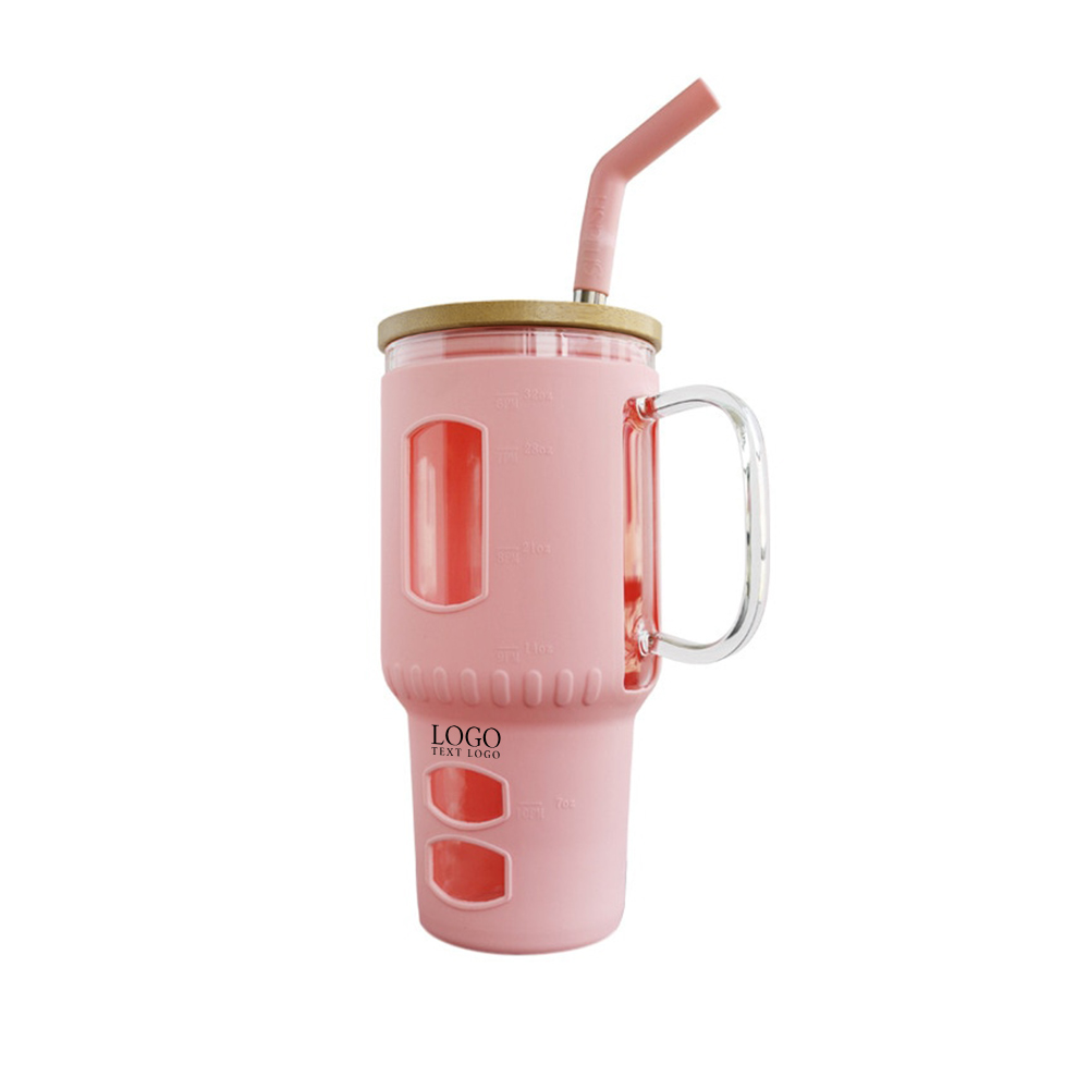 Glass Tumbler with Bamboo Lid and Straw Pink Logo