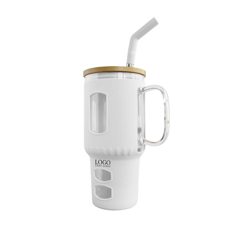 Glass Tumbler with Bamboo Lid and Straw White Logo