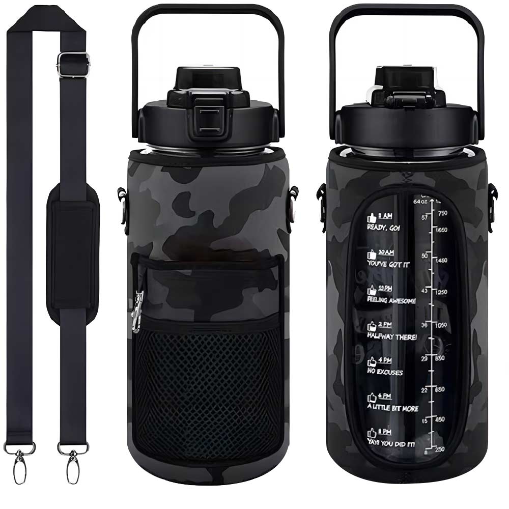 64 oz Half Gallon Water Bottle With Time Mark Black Blank