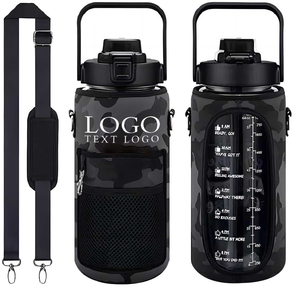 64 oz Half Gallon Water Bottle With Time Mark Black With Logo