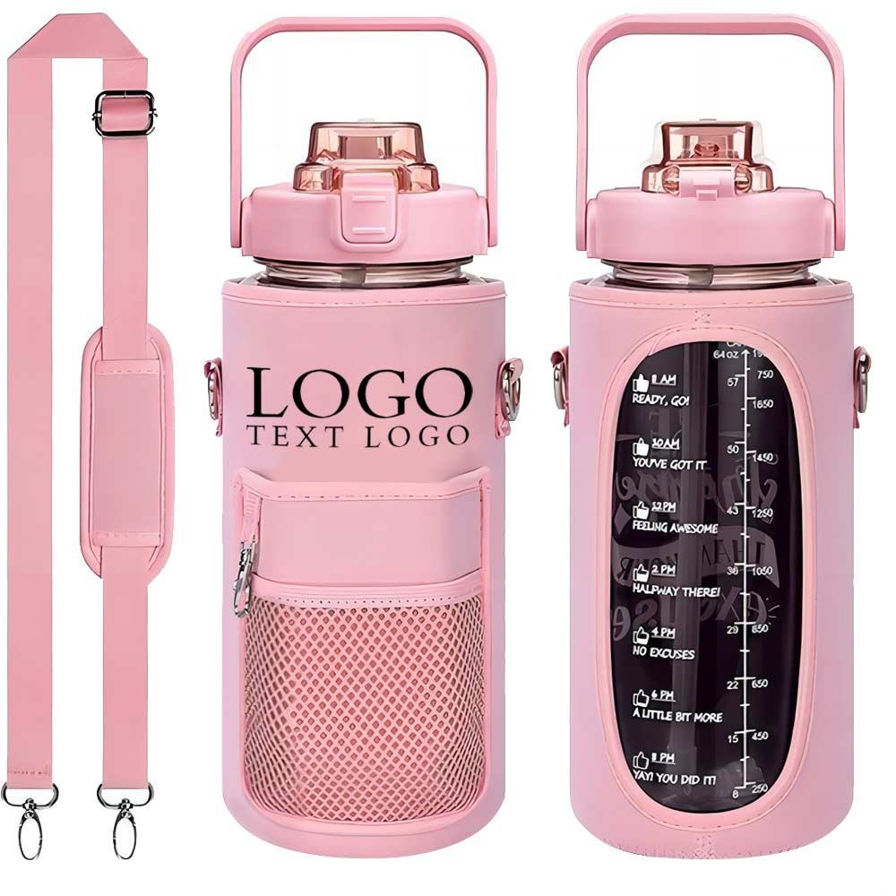64 oz Half Gallon Water Bottle With Time Mark Pink With Logo