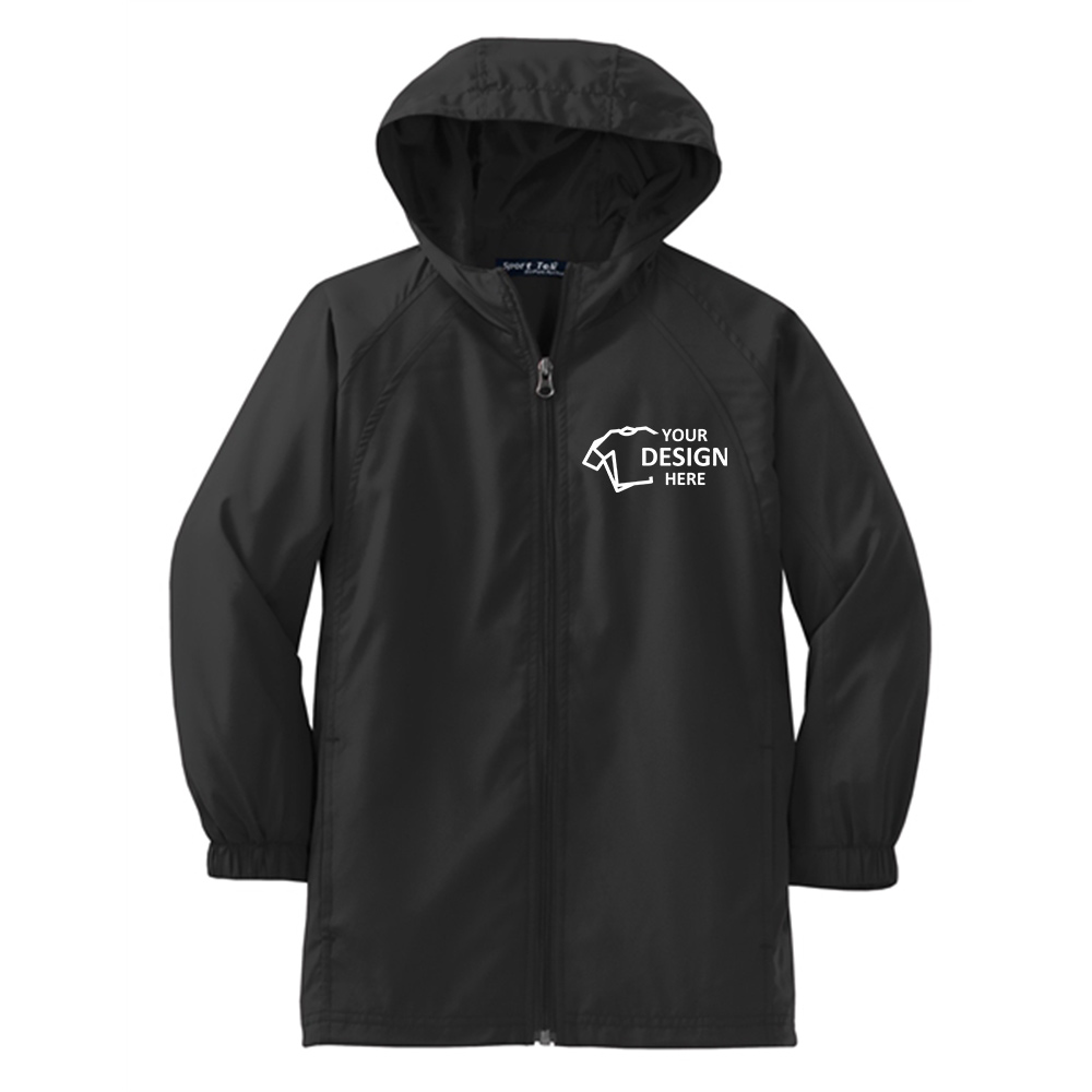 Sport-Tek Youth Hooded Raglan Jacket Black Front With logo Sport-Tek Youth Hooded Raglan Jacket Black Front With logo